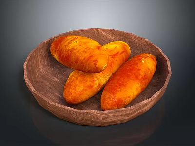 Three Golden Brown Roasted Sweet Potatoes in Wooden Plate on Dark Background 3d model