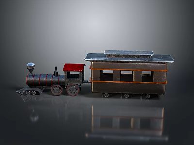 Vintage Model Train With Steam Locomotive Red Roof Brown Carriage Windows Silver Top And Reflection 3d model