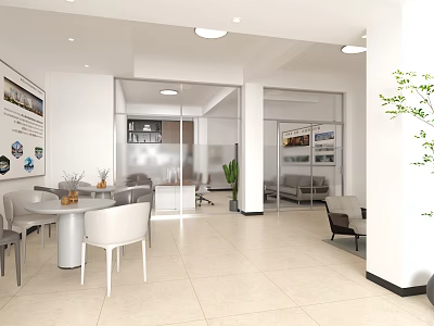 Modern Office Reception Area With Front Desk Tables Chairs Plants Sofa And Display Wall 3d model