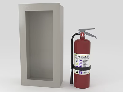 Fire Safety Equipment With Red Fire Extinguisher And Grey Storage Cabinet 3d model