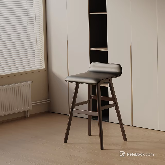 Modern Bar Stool With Black Leather Seat Wooden Legs White Cabinets And Window Blinds 3d model 