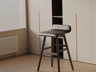 Modern Bar Stool With Black Leather Seat Wooden Legs White Cabinets And Window Blinds 3d model