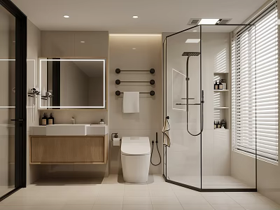 Modern Bathroom Interior With Glass Shower Enclosure Wooden Vanity Mirror Toilet White Tiles And Blinds 3d model