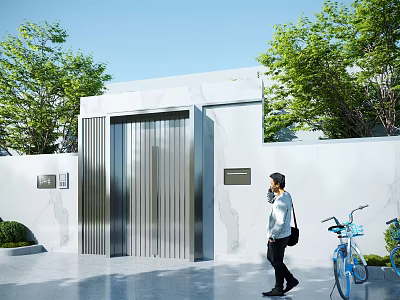 Modern Metal Entrance Gate With White Walls And Green Plants In Exterior Design 3d model