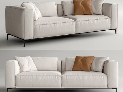 Modern Two Seater Sofa With Light Colored Fabric Brown Cushion And Black Metal Legs 3d model