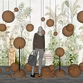Elegant Showcase With Brown Spherical Decorations Plant Wallpaper Mannequin Brown Top Gray Pants Black Bag