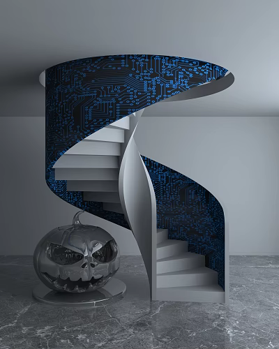Spiral Staircase With Blue Circuit Board Pattern In Modern Interior And Silver Pumpkin Decor 3d model