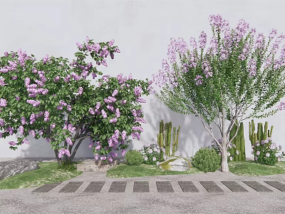 Flowering Arbor With Purple Blooms Along Stone Pathway And Green Shrubs 3d model