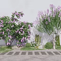 Flowering Arbor With Purple Blooms Along Stone Pathway And Green Shrubs