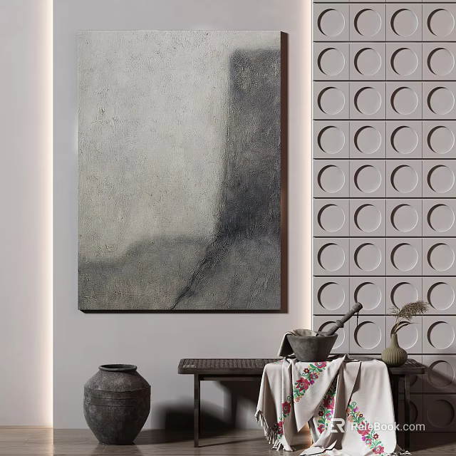 Interior Decor With Large Gray Abstract Painting Circular Pattern Wall And Clay Pot Decorations 3d model