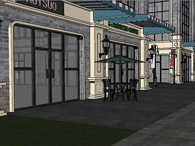 Charming Commercial Street With Storefronts Awnings Outdoor Seating And Street Lamps 3d model