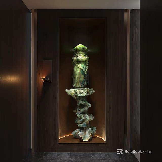 Modern Entryway Hallway With Green Sculpture On Stone Pedestal And Wooden Walls 3d model 