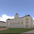 Modern School Building With Clock Tower Large Windows Green Lawn And Track Field 3d model