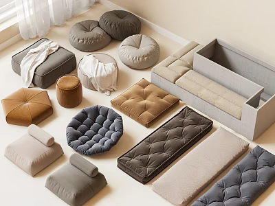Soft Upholstered Cushions Poufs and Floor Mats with Tufted Designs in Neutral Tones 3d model