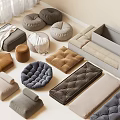 Soft Upholstered Cushions Poufs and Floor Mats with Tufted Designs in Neutral Tones