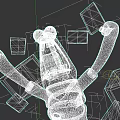 Yellow Game Character With Big Eyes Raised Arms Surrounded by Red Blue Striped Blocks