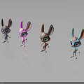 Cartoon Rabbit Characters Four Different Colored Standing On Black Background With Reflections 3d model