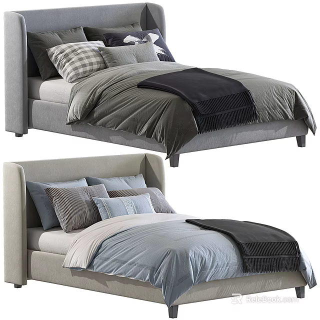 Modern Double Bed With Upholstered Headboard Gray Blue Bedding Pillows And Throw Blankets 3d model
