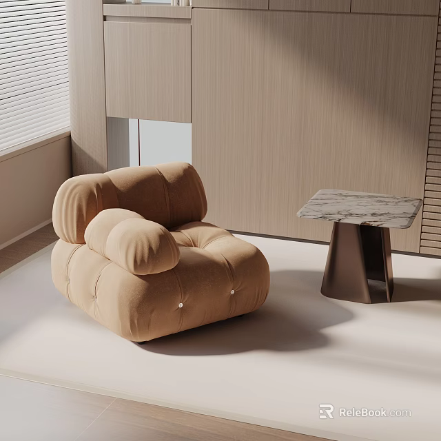 Modern Beige Fabric Leisure Chair With Button Tufted Design And Marble Side Table 3d model 