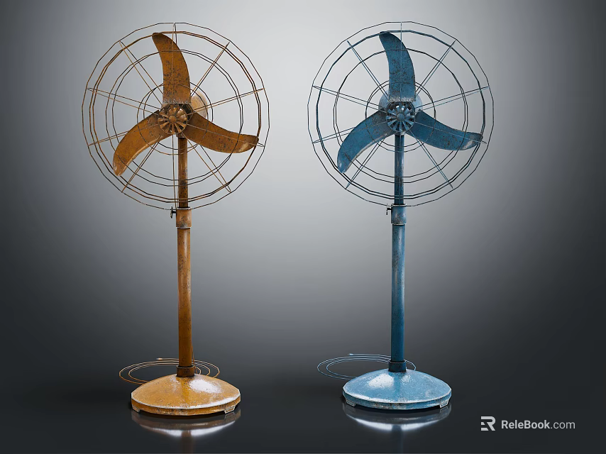 Two Vintage Standing Electric Fans With Brown And Blue Bases And Metal Grills 3d model 