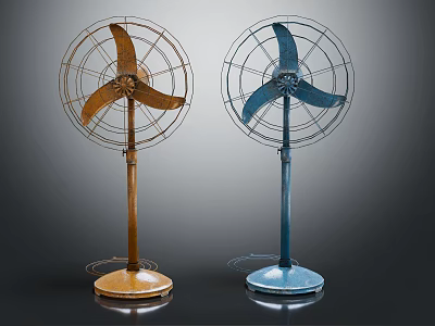 Two Vintage Standing Electric Fans With Brown And Blue Bases And Metal Grills 3d model