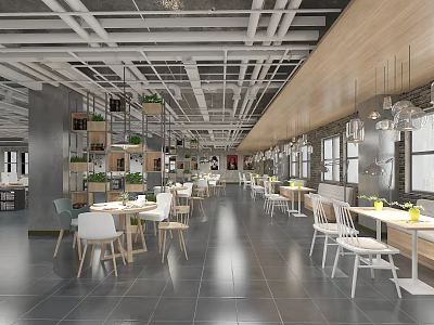 Modern Industrial Cafe Interior With Exposed Ceiling Pipes Wooden Panels Green Plants And Bright Lighting 3d model