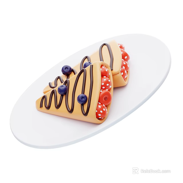 Delicious Waffles Topped With Chocolate Sauce Blueberries And Strawberries On White Plate 3d model 