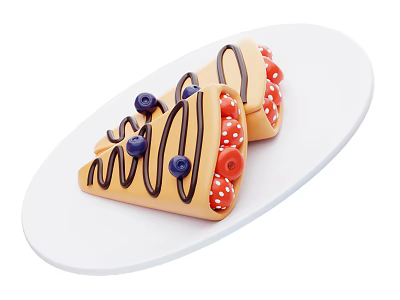 Delicious Waffles Topped With Chocolate Sauce Blueberries And Strawberries On White Plate 3d model