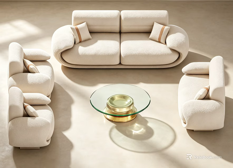 Elegant Cream Boucle Sofa And Round Glass Coffee Table Set For Modern Cozy Living Room 3d model 