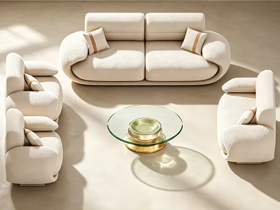 Elegant Cream Boucle Sofa And Round Glass Coffee Table Set For Modern Cozy Living Room 3d model