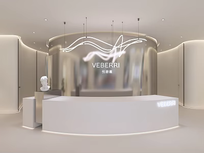 Modern Reception Area With Curved Desk Wave Lighting And VEBERRI Logo 3d model