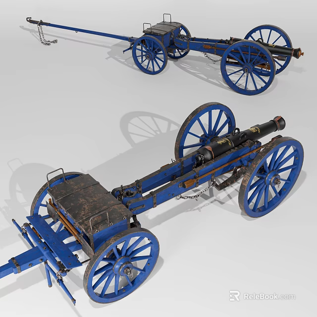 Ancient Weapon Blue Cannon Featuring Wooden Wheels And Classic Carriage Design 3d model 