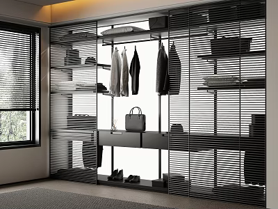 Modern Wardrobe Interior With Glass Doors Open Shelves Hanging Clothes And Drawers 3d model