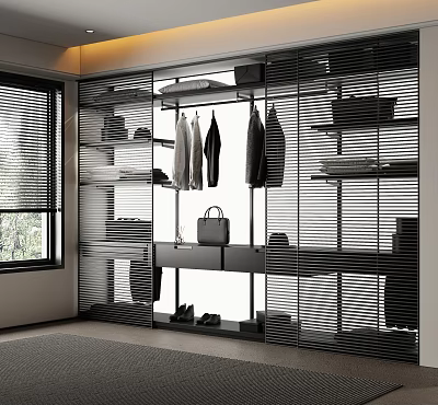 Modern Wardrobe Interior With Glass Doors Open Shelves Hanging Clothes And Drawers 3d model