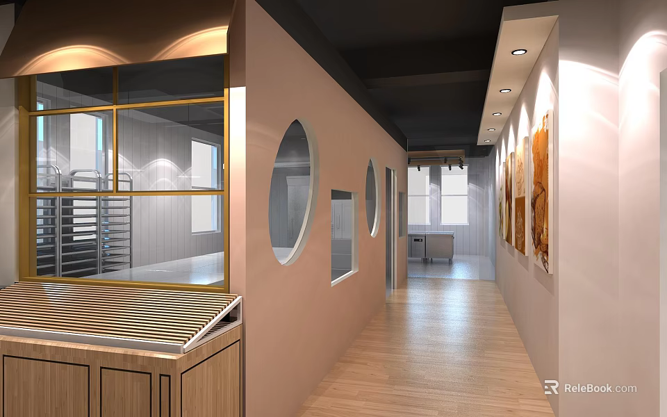 Modern Corridor Interior With Pink Walls Circular Windows Glass Partition Wooden Flooring And Recessed Lights 3d model 
