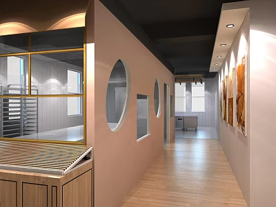 Modern Corridor Interior With Pink Walls Circular Windows Glass Partition Wooden Flooring And Recessed Lights 3d model