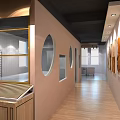 Modern Corridor Interior With Pink Walls Circular Windows Glass Partition Wooden Flooring And Recessed Lights