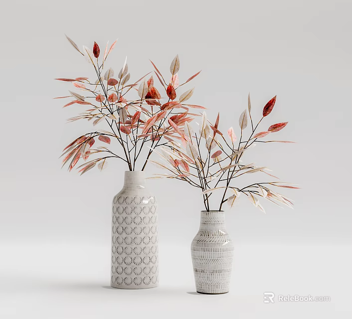 Two white patterned vases with red and beige branches in minimalist home setting 3d model 