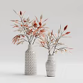 Two white patterned vases with red and beige branches in minimalist home setting