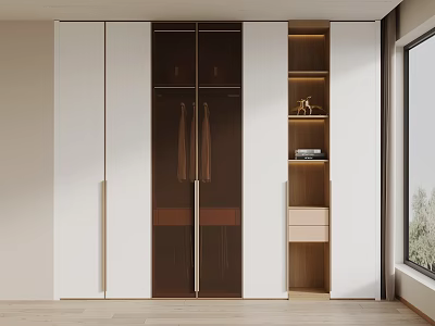 Modern Minimalist Wardrobe Design With White Panels Glass Doors And Open Shelves 3d model