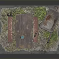 Outdoor Wooden Table With Clay Vase Glass Cups Red Bench And Rusty Wheelbarrow On Grass