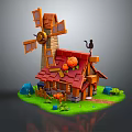 Cartoon Scene With Windmill Small Red Roof House Black Cat Pumpkins And Green Grass