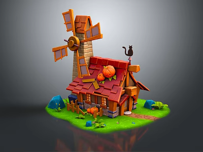 Cartoon Scene With Windmill Small Red Roof House Black Cat Pumpkins And Green Grass 3d model