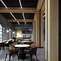 Modern Indoor Dining Space With Brick Wall Wooden Beams Large Screen And Comfortable Chairs