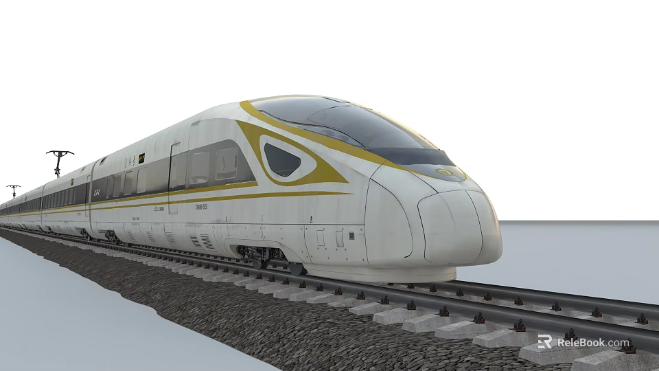High Speed Train With White Body Yellow Stripes Streamlined Front Moving On Railway Track 3d model 