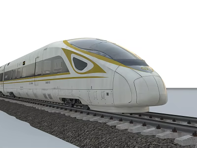 High Speed Train With White Body Yellow Stripes Streamlined Front Moving On Railway Track 3d model