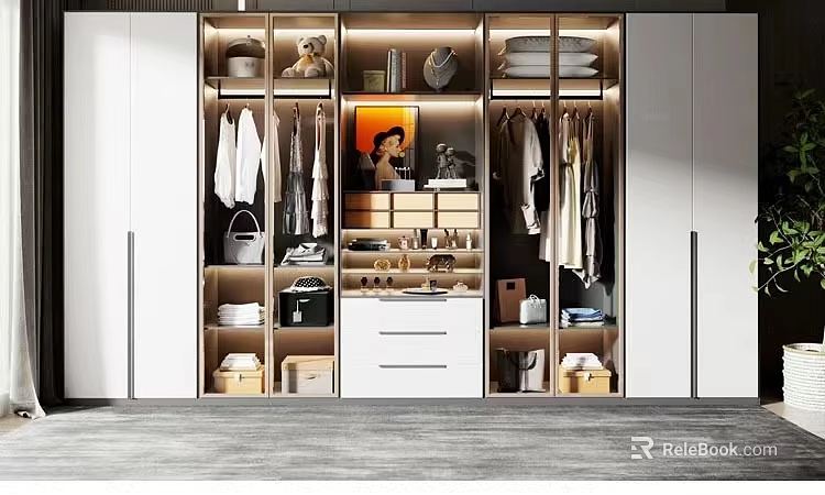 Modern Wardrobe Interior Design With Hanging Clothes Storage Boxes Decorative Items And Lighting 3d model