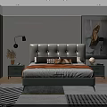 Modern Double Bed in Bedroom with Upholstered Headboard Pillows Orange Throw and Green Nightstands