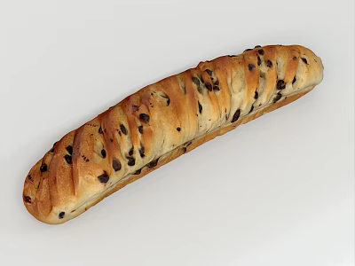 Freshly Baked Long Loaf Bread With Dark Raisins And Golden Crust 3d model