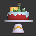 Festive Christmas Cake With White Frosting Red Base And Green Tree Decorations On Stand